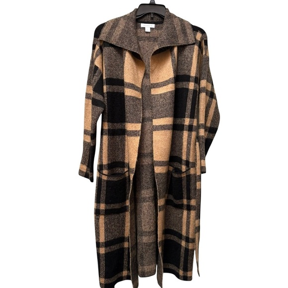 Liz Claiborne Plaid Open Front Cardigan Brown Belted Pockets Cozy Fall Large - Picture 2 of 8